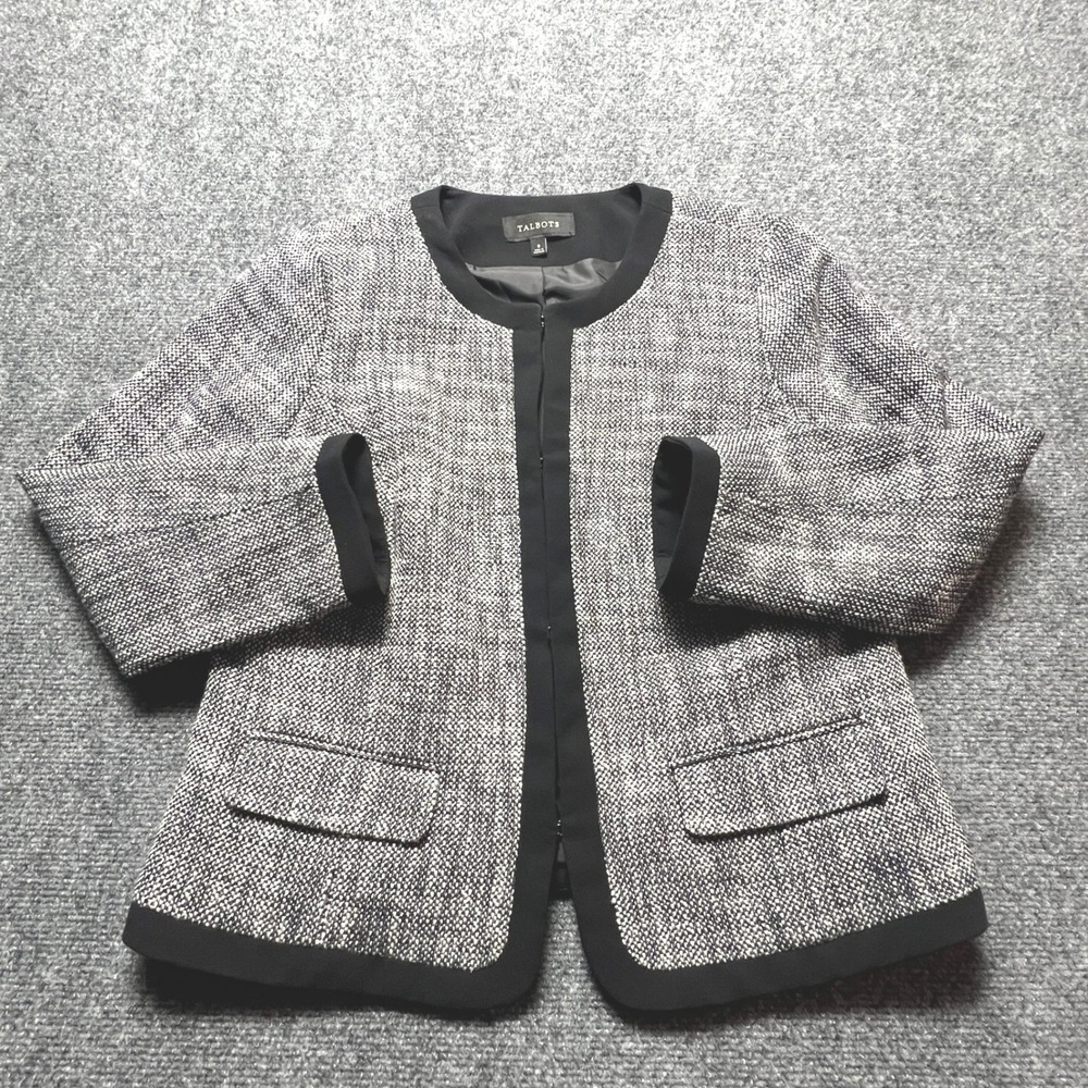 Talbots Black White Tweed Jacket Collarless Blazer Hook Eye Closure Womens 8